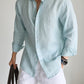Close up of the woven pure linen fabric texture with natural flax slubs on the shirt