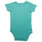 Baby short sleeve cotton bodysuit with a shoulder snap opening shown flat on a plain background