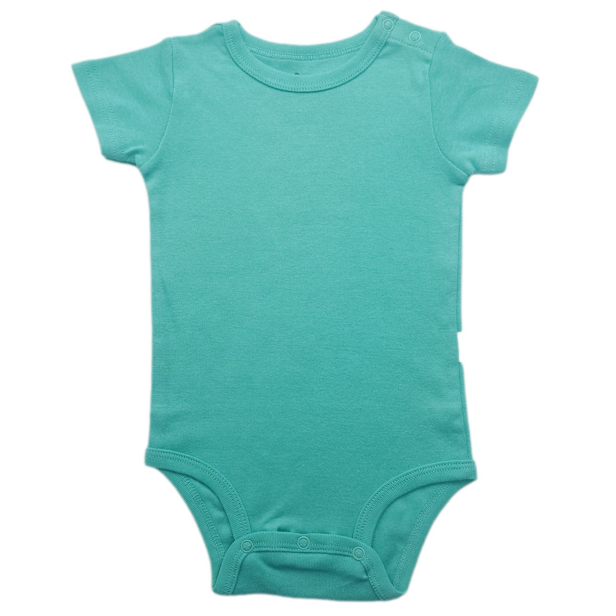 Baby short sleeve cotton bodysuit with a shoulder snap opening shown flat on a plain background