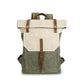 Beige flap and green body canvas roll-top backpack front view with brown straps and buckle