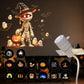 Mummy with a pumpkin lantern projected on a living room wall with fourteen slide icons, 14 slides option