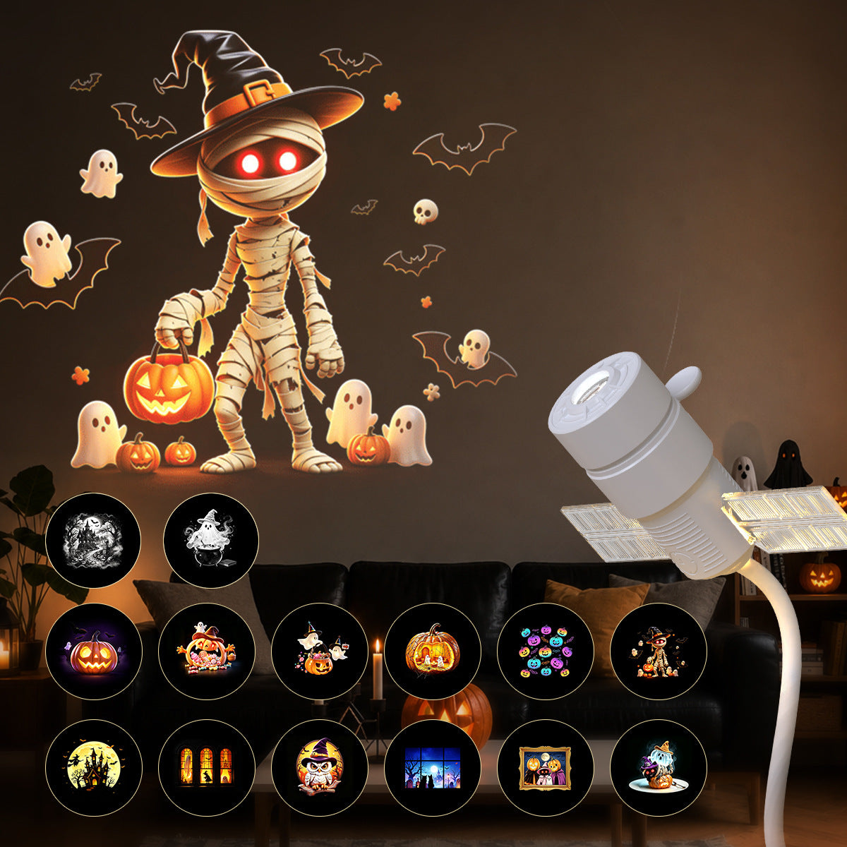 Mummy with a pumpkin lantern projected on a living room wall with fourteen slide icons, 14 slides option