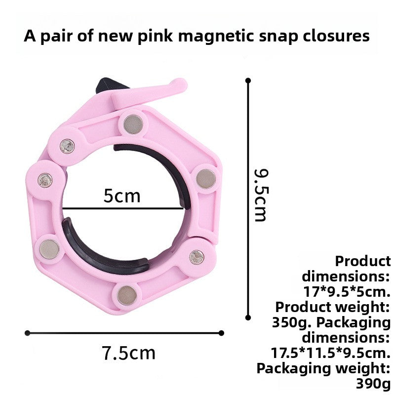 Pink hexagonal magnetic barbell collar with silver magnet discs, 5 cm bore, 17 by 9.5 by 5 cm, 350 g