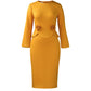 Mustard peplum bodycon midi dress flat on white, roses and neck zip, Earthy yellow option