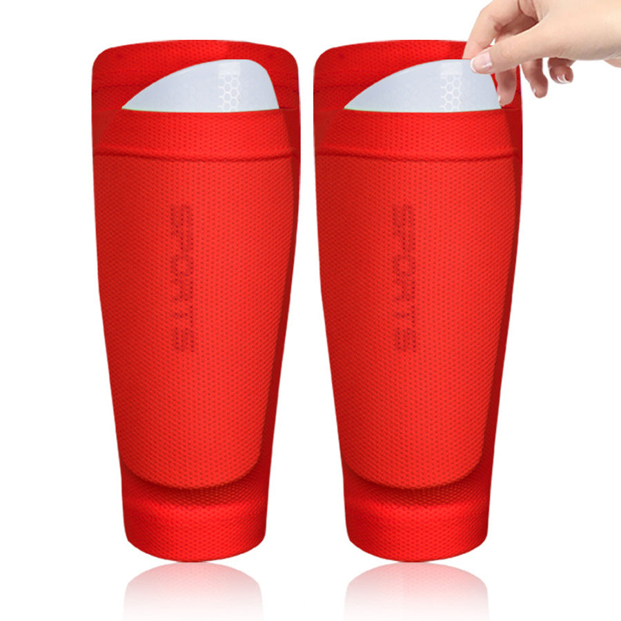 Red double layer soccer shin guard sleeves with a hand inserting a guard plate, Red option, size Adult L