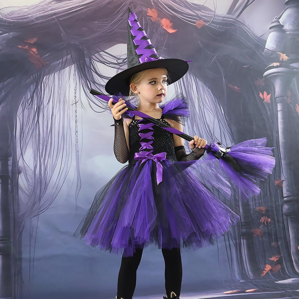 Front view of the purple witch tutu dress with ruffled tulle shoulders