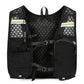 Inside vest view of the black hydration pack with straps, side pockets and a whistle buckle