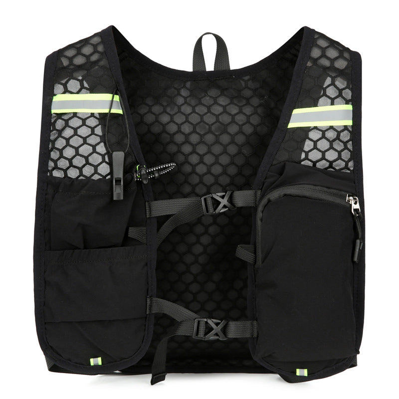 Inside vest view of the black hydration pack with straps, side pockets and a whistle buckle