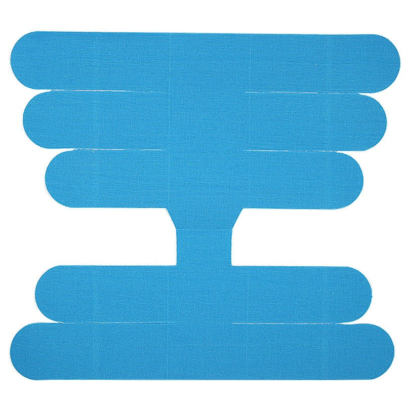 Light blue pre-cut elastic tape piece with five rounded fingers, laid flat