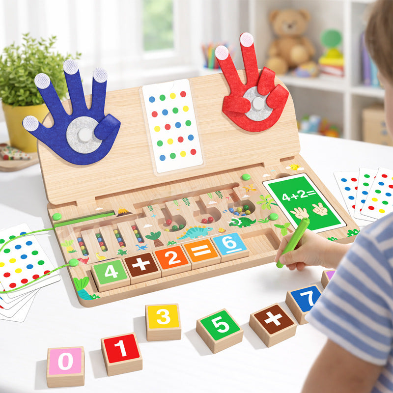 Wooden finger math board with a dinosaur bead track, a child drawing with a green stylus and a 4 plus 2 equals 6 sum