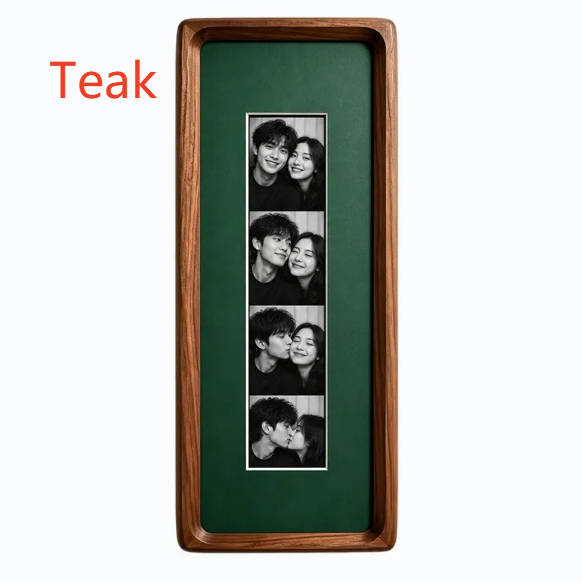 Teak photo strip frame with vintage green lining and a tempered glass front, shown with four photos