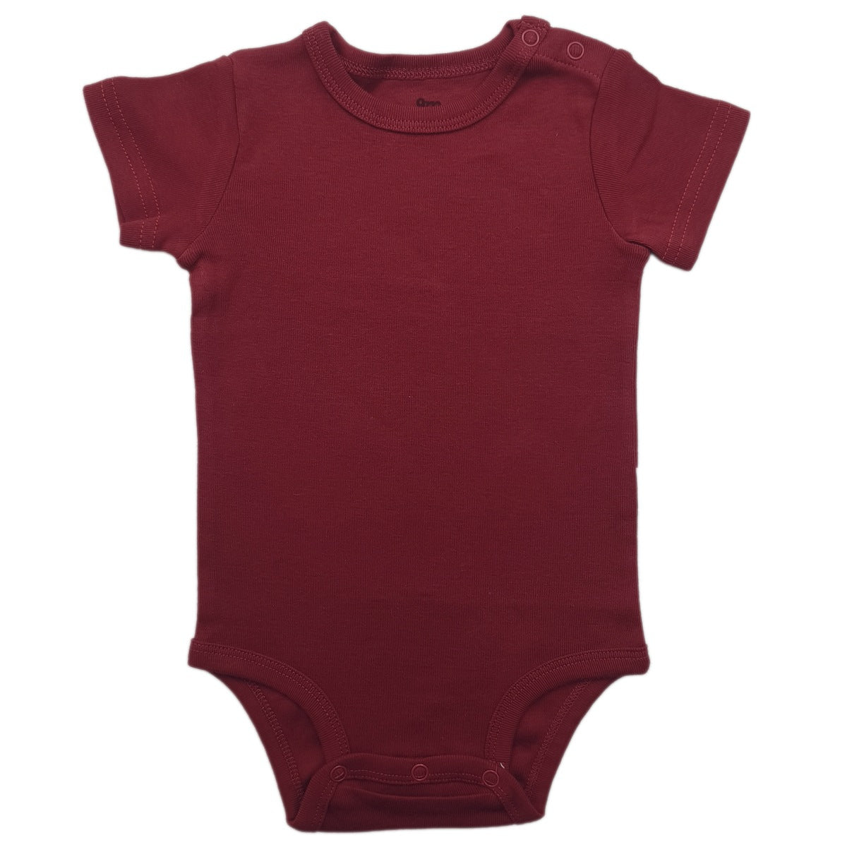 Baby short sleeve cotton bodysuit with a three snap crotch closure shown flat on a plain background
