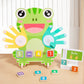Green frog shaped finger math board with yellow and teal felt hands, a 5 minus 4 equals 1 sum and a card stand