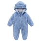 Light blue plush fleece infant romper with bear ear hood and front zip, front view