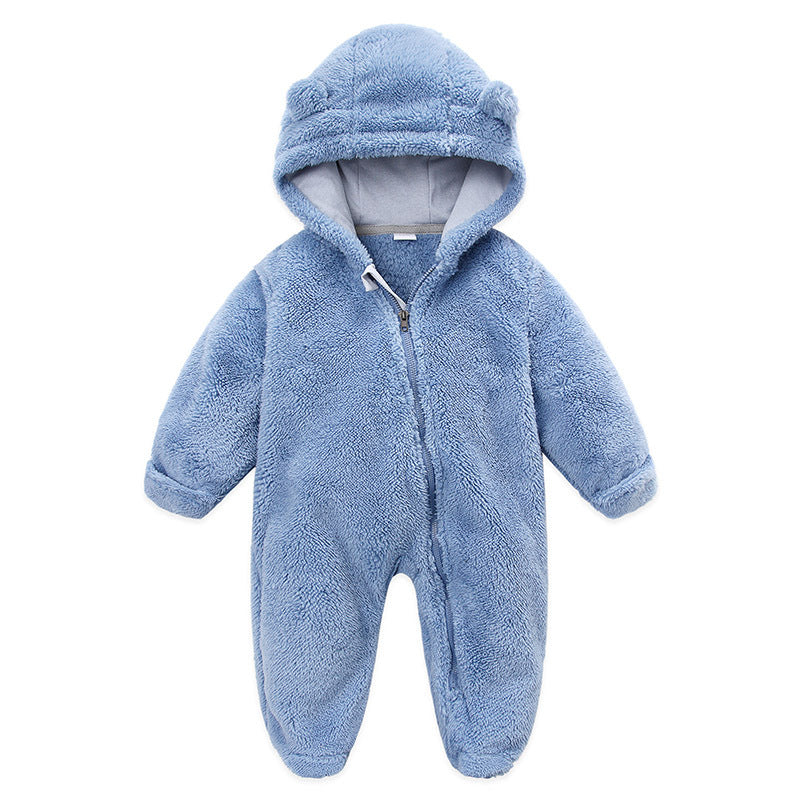 Light blue plush fleece infant romper with bear ear hood and front zip, front view