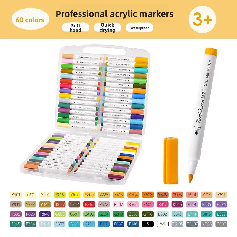 Sixty color acrylic brush marker set arranged in a clear satchel case with a carry handle