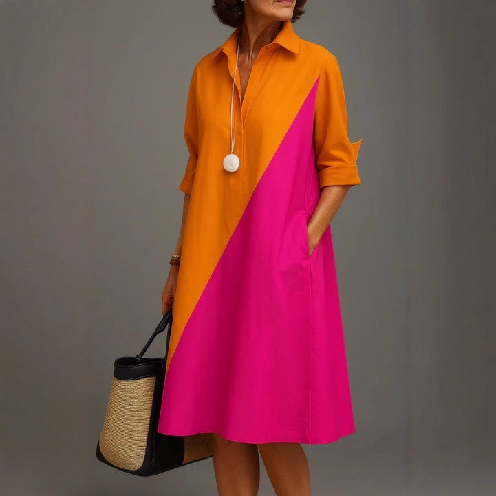 Orange and Pink Color Block polyester shirt collar long sleeve A-line midi dress on a standing model