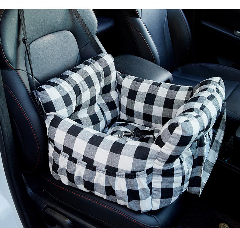 Padded car seat pet bed with raised bolster walls, carry handles and an inner clip in a blue striped colourway