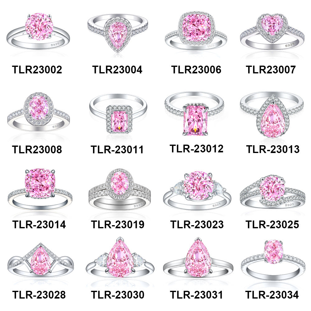 Design chart of sixteen sterling silver pink stone ring settings labelled with TLR reference codes on white