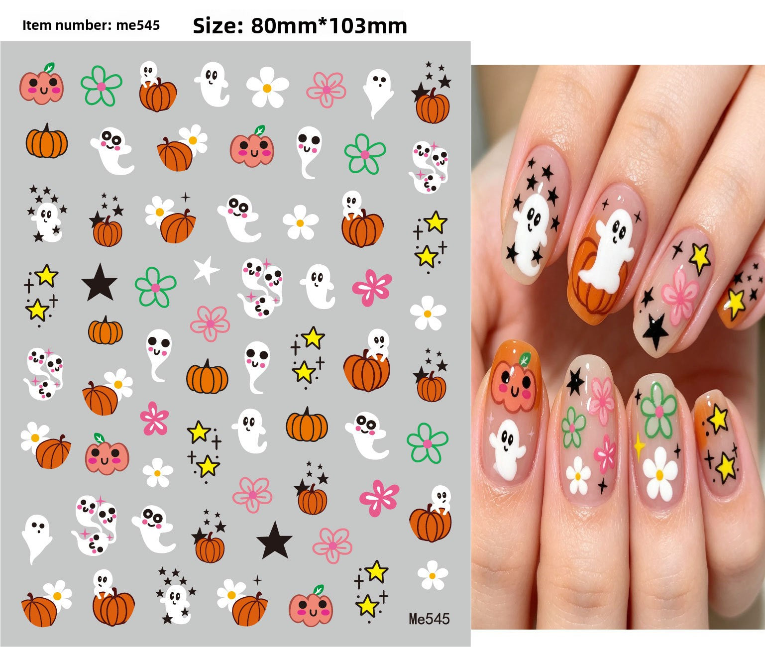 Festive Halloween nail decals mixing pumpkins, bats and spiders