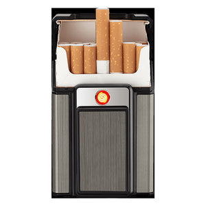 Aluminum cigarette case open at the top showing a full pack of cigarettes inside