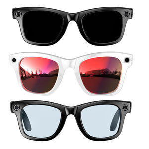 Front view of smart glasses showing black frame and clear lenses