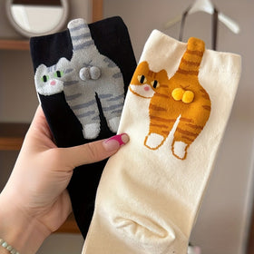 3D Cartoon Cat Pom Pom Crew Socks
