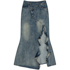 Retro High Waist Denim Fishtail Skirt