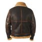 Brown vegan leather aviator jacket with rust toned distressed edges and a zip chest pocket
