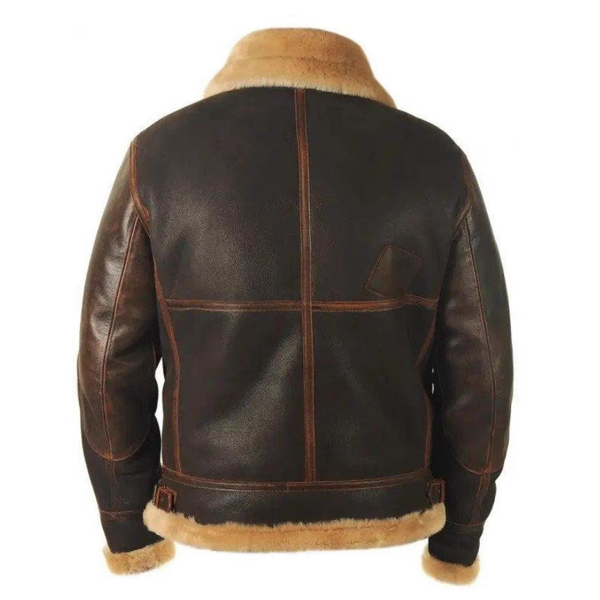 Brown vegan leather aviator jacket with rust toned distressed edges and a zip chest pocket