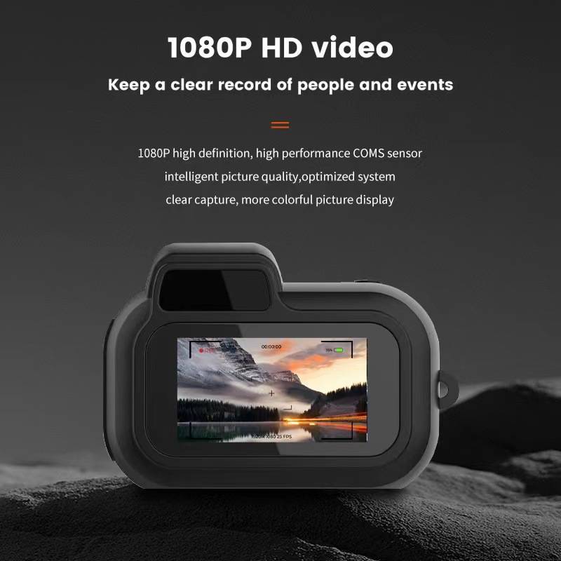 Mini camera back view showing the rear screen with a landscape preview