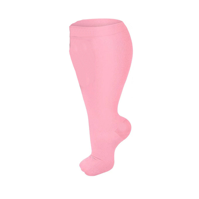 Plus size compression sock shown to show the high tube reaching just below the knee