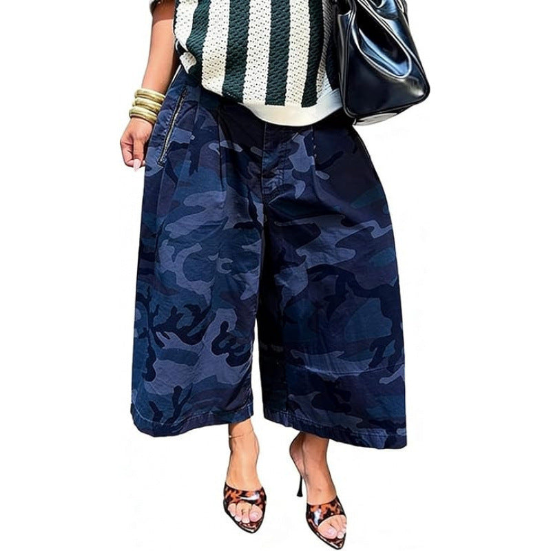 Navy and blue camouflage wide-leg pants, Dark blue option, size S