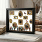Black frame shadow box with a white backdrop showing gold miniature frames, a butterfly and figurines
