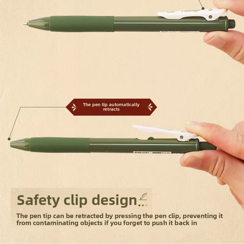 Two photos of a green retractable gel pen with the tip out and the tip retracted by the safety clip