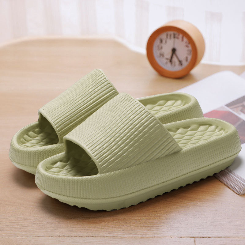 Slippers stepping onto a polished kitchen floor