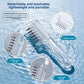Scalp applicator comb on rippling water with callouts for detachable washable, visible liquid storage and easy to rinse