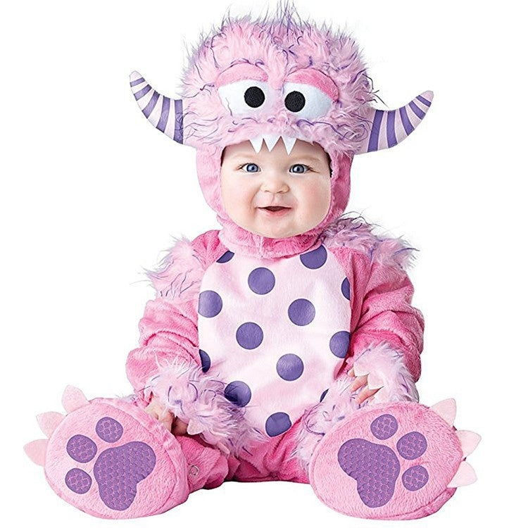 Baby in a pink furry monster costume with purple striped horns and spots, Pink Monster option, 90cm size