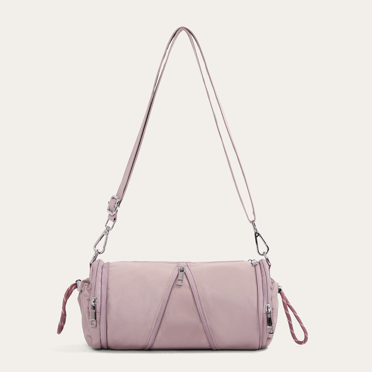 Purple cylindrical nylon crossbody bag with stitched front lines and silver hooks, variant image for the purple color