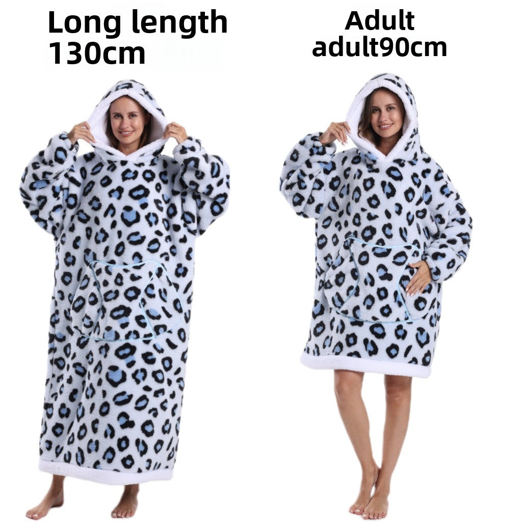 Blue Leopard Print hooded fleece pullover, white with blue and black leopard spots, 130 cm extra long option