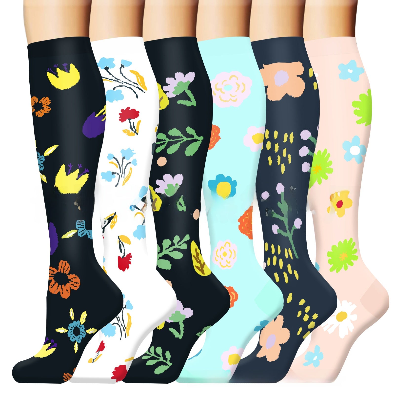 Set of knee high compression socks in botanical and animal print designs