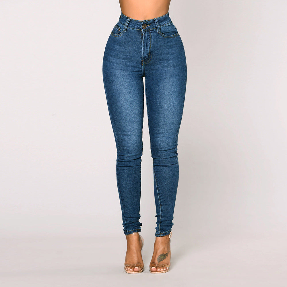 Light blue high waist skinny jeans, front view on model, size L variant