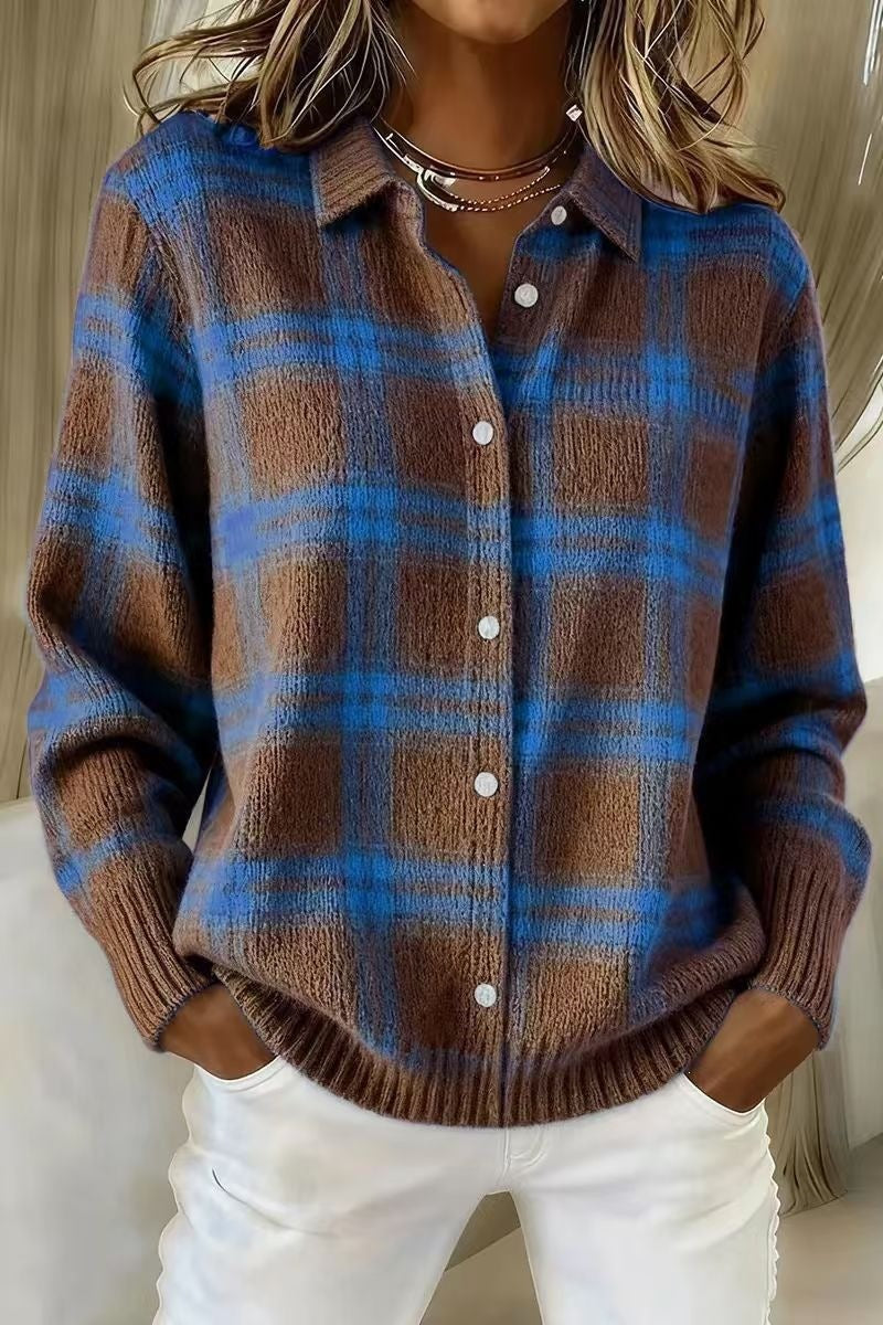 Dark brown option photo of a brown knit cardigan with a bright blue plaid check, shirt collar, size 4XL