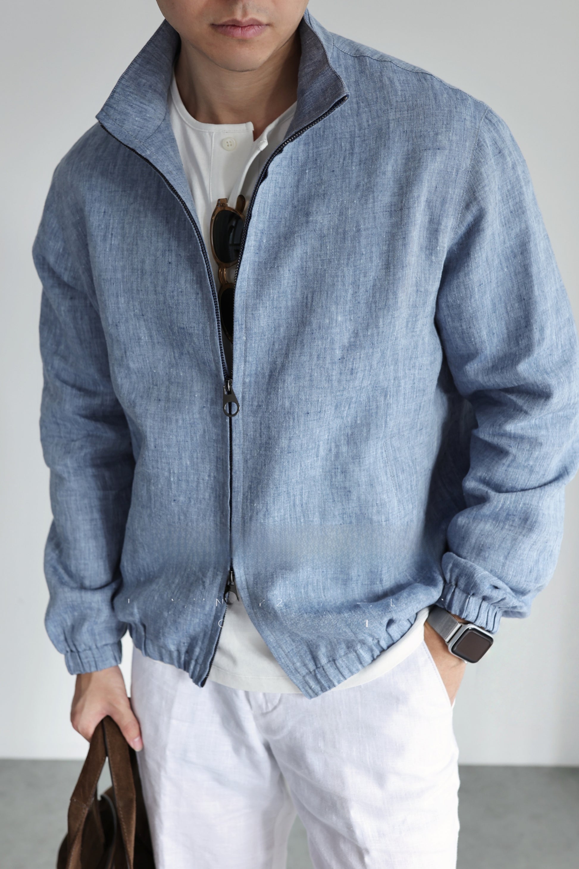 Linen stand collar jacket styled in a casual warm-weather outfit, light layering