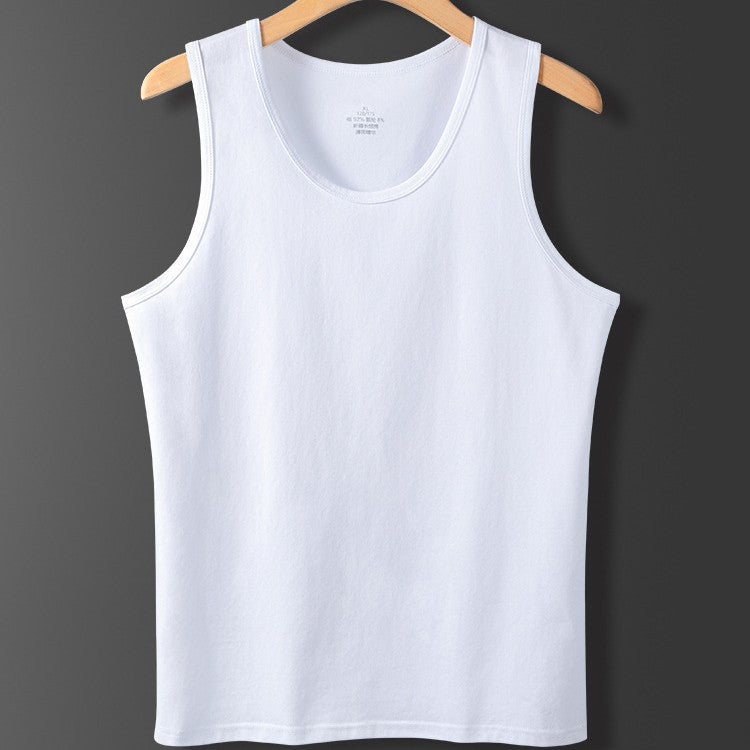 White men's 100 percent cotton sleeveless vest shown on a wooden hanger