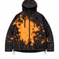 Black hooded zip jacket with a large orange splash ink print, flat front view