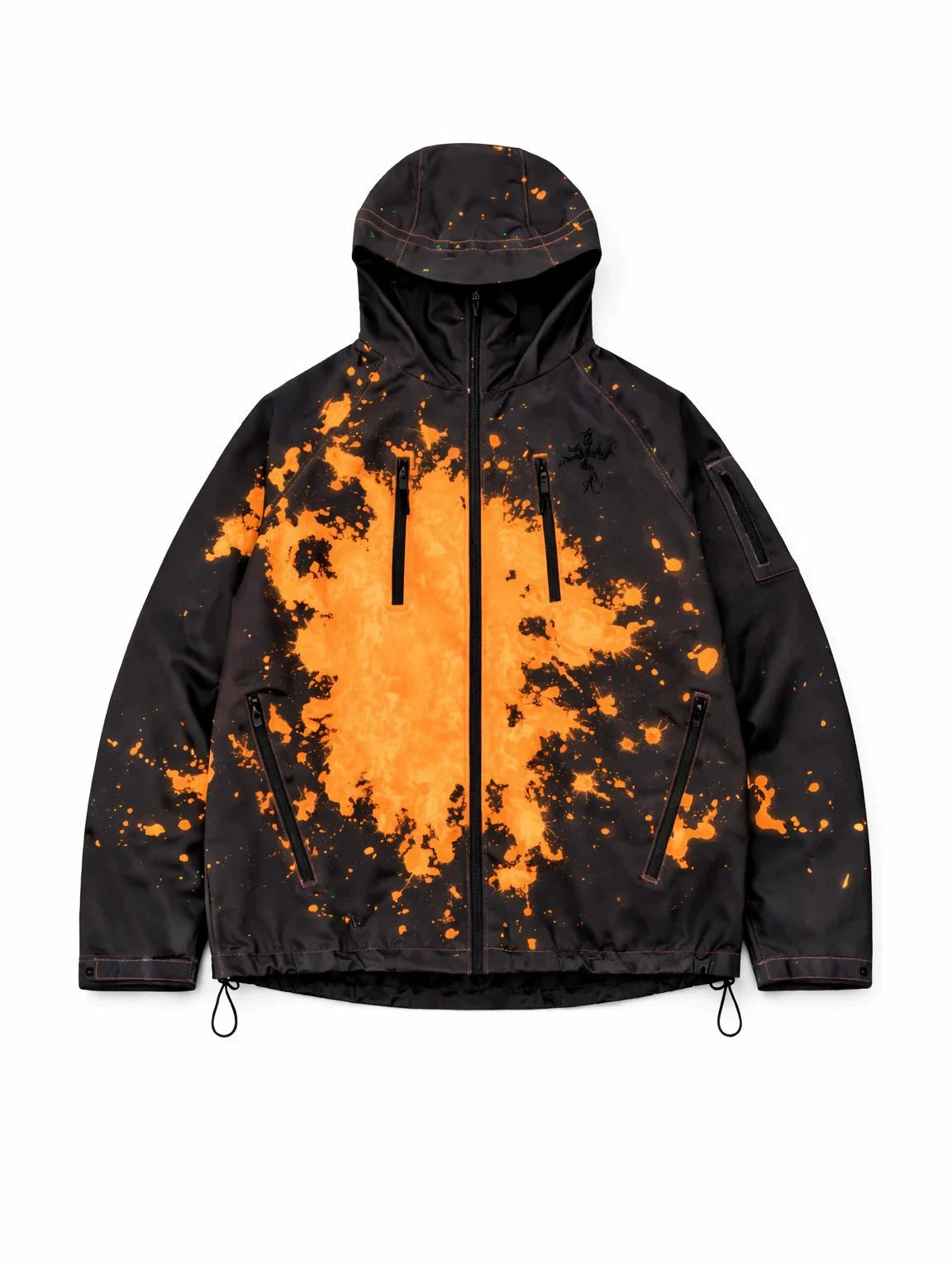 Black hooded zip jacket with a large orange splash ink print, flat front view