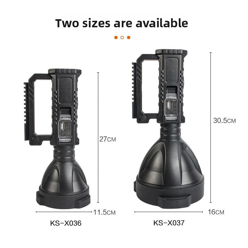 Two sizes of black LED searchlight labelled KS-X036 27 cm and KS-X037 30.5 cm with measurements