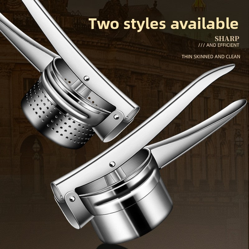 Two styles of the stainless steel lever press shown together, perforated basket and smooth cup