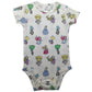 Baby short sleeve cotton bodysuit with a shoulder snap opening shown flat on a plain background